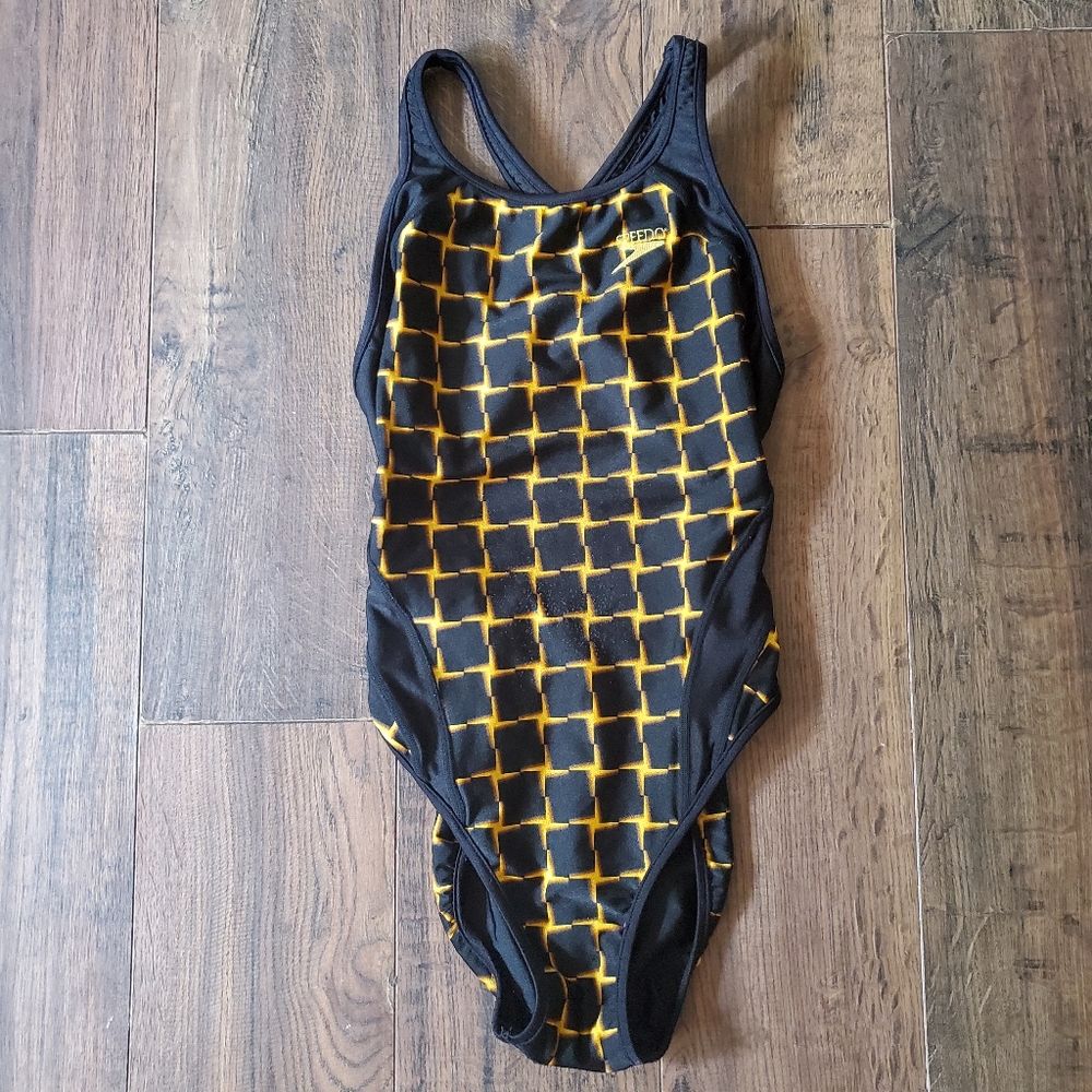 Speedo Black Yellow Reversible One Piece Swimsuit